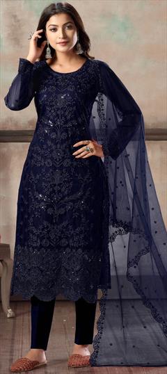Festive, Party Wear Blue color Salwar Kameez in Net fabric with Straight Embroidered, Sequence, Thread work : 1669110
