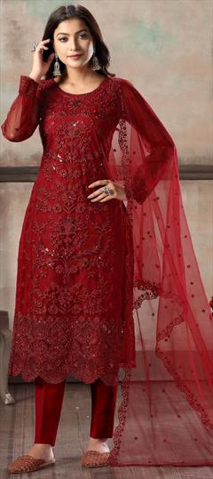 Festive, Party Wear Red and Maroon color Salwar Kameez in Net fabric with Straight Embroidered, Sequence, Thread work : 1669111