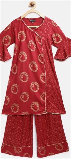 Red and Maroon color Girls Top with Bottom in Rayon fabric with Gota Patti, Printed work : 1669808