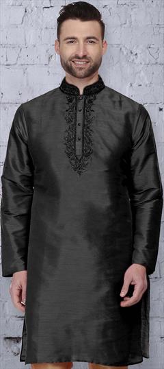 Black and Grey color Kurta in Dupion Silk fabric with Embroidered, Thread work : 1670035