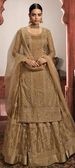 Festive, Party Wear, Reception Beige and Brown color Long Lehenga Choli in Net fabric with Embroidered, Stone, Thread, Zari work : 1670325