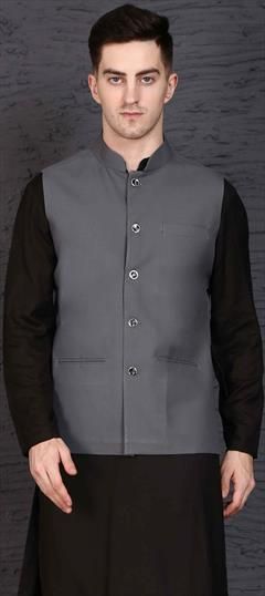 Black and Grey color Nehru Jacket in Poly cotton fabric with Thread work : 1670362