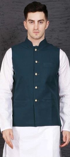 Blue color Nehru Jacket in Poly cotton fabric with Thread work : 1670364