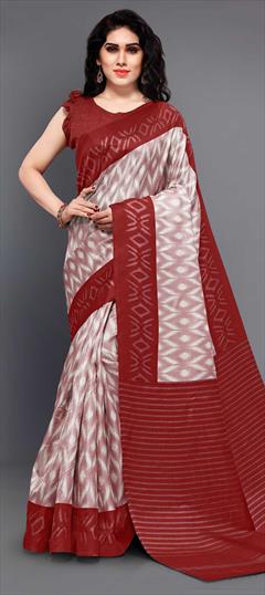 Casual, Traditional Red and Maroon color Saree in Khadi fabric with Bengali Printed work : 1670662