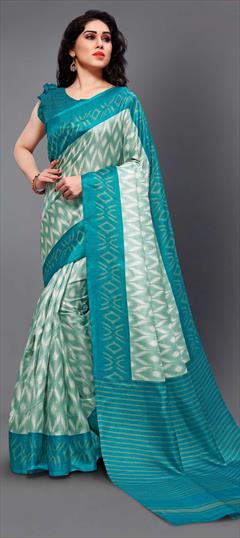 Casual, Traditional Blue color Saree in Khadi fabric with Bengali Printed work : 1670664