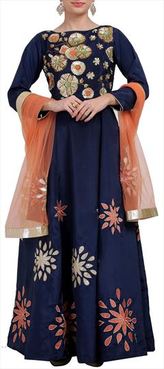 Festive, Reception Blue color Salwar Kameez in Taffeta Silk fabric with Abaya Patch, Resham, Sequence work : 1670879