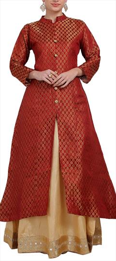 Festive, Reception Red and Maroon color Long Lehenga Choli in Chanderi Silk fabric with Lace work : 1670883