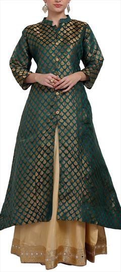 Festive, Reception Green color Long Lehenga Choli in Chanderi Silk fabric with Lace work : 1670886