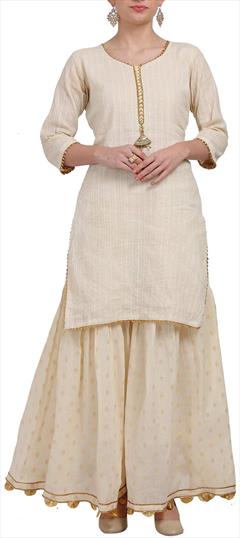 Festive, Reception Beige and Brown color Salwar Kameez in Dupion Silk fabric with Sharara Gota Patti work : 1670905