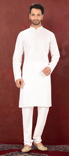 White and Off White color Kurta Pyjamas in Cotton fabric with Embroidered, Resham, Thread work : 1671048