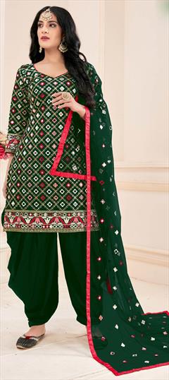 Festive, Party Wear Green color Salwar Kameez in Cotton fabric with Patiala Embroidered, Mirror, Sequence, Thread work : 1671412
