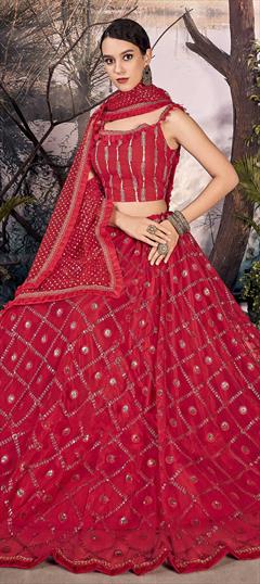 Festive, Reception Red and Maroon color Lehenga in Net fabric with A Line Embroidered, Resham, Sequence, Thread work : 1671606