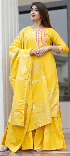 Festive, Reception Yellow color Salwar Kameez in Cotton fabric with Sharara Gota Patti work : 1671705