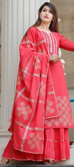 Festive, Reception Pink and Majenta color Salwar Kameez in Cotton fabric with Sharara Gota Patti work : 1671706