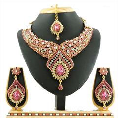 Pink and Majenta color Necklace in Copper, Metal Alloy studded with CZ Diamond & Gold Rodium Polish : 1671721