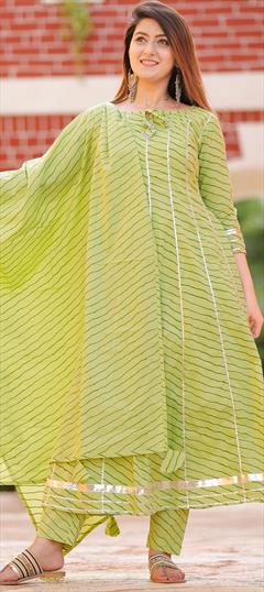 Festive, Reception Green color Salwar Kameez in Cotton fabric with A Line Gota Patti, Lehariya, Printed work : 1671870