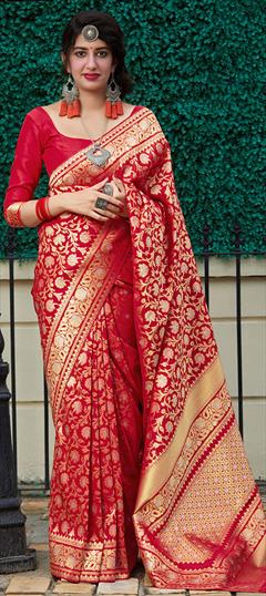 Bridal, Traditional, Wedding Red and Maroon color Saree in Banarasi Silk, Silk fabric with South Weaving work : 1672003