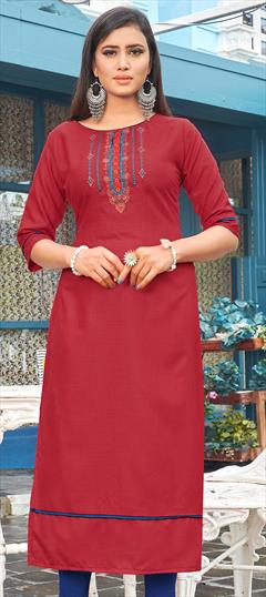 Casual Red and Maroon color Kurti in Art Silk fabric with Long Sleeve, Straight Embroidered, Resham, Thread work : 1673081