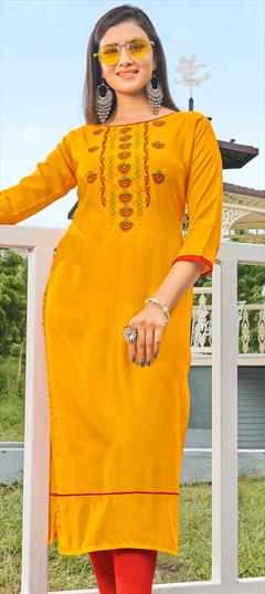 Casual Yellow color Kurti in Art Silk fabric with Long Sleeve, Straight Embroidered, Resham, Thread work : 1673083