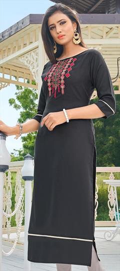 Casual Black and Grey color Kurti in Art Silk fabric with Long Sleeve, Straight Embroidered, Resham, Thread work : 1673086