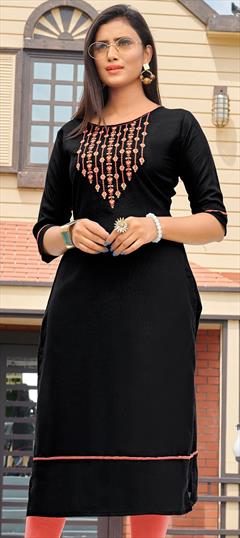 Casual Black and Grey color Kurti in Art Silk fabric with Long Sleeve, Straight Embroidered, Resham, Thread work : 1673093