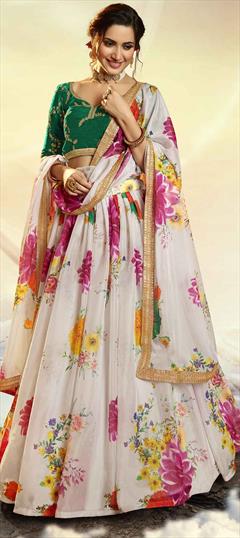 Festive, Reception White and Off White color Lehenga in Organza Silk fabric with A Line Floral, Printed, Sequence, Zari work : 1673409