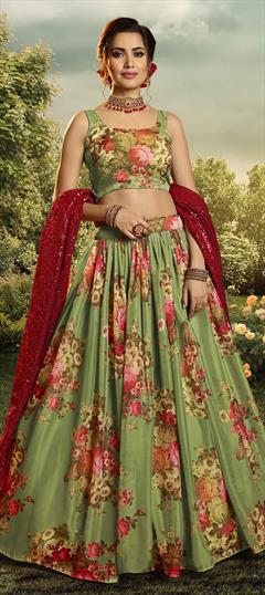 Festive, Reception Green color Lehenga in Organza Silk fabric with A Line Floral, Printed, Sequence work : 1673411