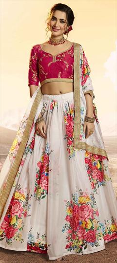 Festive, Reception White and Off White color Lehenga in Organza Silk fabric with A Line Floral, Printed, Sequence, Zari work : 1673413