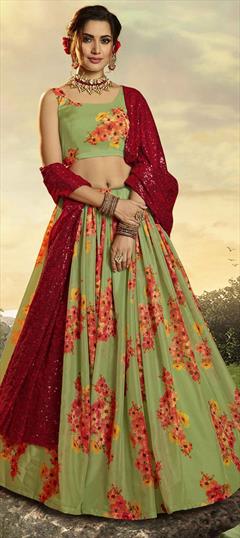 Festive, Reception Green color Lehenga in Organza Silk fabric with A Line Floral, Printed, Sequence work : 1673416