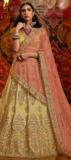 Wedding Gold color Lehenga in Raw Silk fabric with A Line Embroidered, Resham, Sequence, Thread, Zari work : 1673745