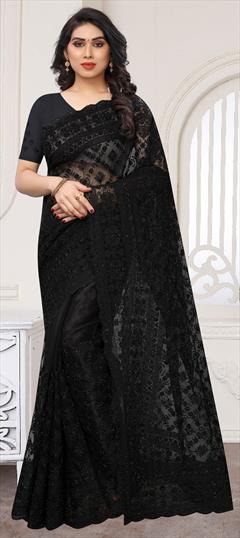 Festive, Reception, Wedding Black and Grey color Saree in Net fabric with Classic Embroidered, Moti, Resham, Stone, Thread work : 1673903