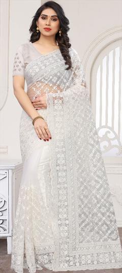 Designer, Party Wear White and Off White color Saree in Net fabric with Classic Embroidered, Moti, Resham, Stone, Thread work : 1673906