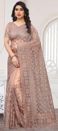 Festive, Reception, Wedding Beige and Brown color Saree in Net fabric with Classic Embroidered, Moti, Resham, Stone, Thread work : 1673907