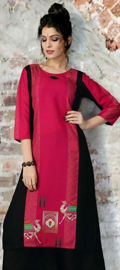 Casual Pink and Majenta color Kurti in Poly cotton fabric with Long Sleeve, Straight Printed work : 1673922