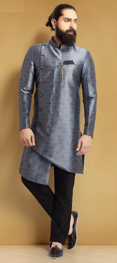 Black and Grey color IndoWestern Dress in Jacquard fabric with Broches, Weaving work : 1674585