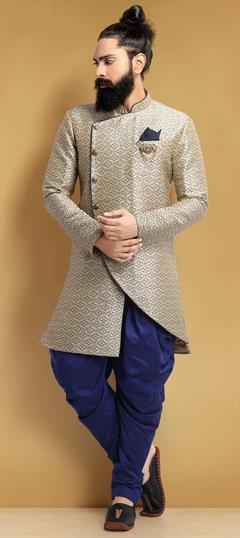 Beige and Brown color IndoWestern Dress in Jacquard fabric with Broches, Weaving work : 1674615