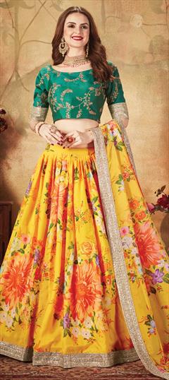 Festive, Reception Yellow color Lehenga in Organza Silk fabric with A Line Digital Print, Embroidered, Floral, Sequence, Thread, Zari work : 1674895