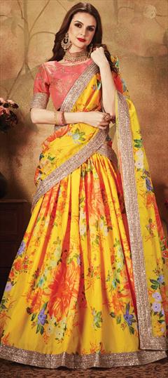 Festive, Reception Yellow color Lehenga in Organza Silk fabric with A Line Digital Print, Embroidered, Floral, Sequence, Thread, Zari work : 1674896