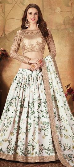 Festive, Reception White and Off White color Lehenga in Organza Silk fabric with A Line Digital Print, Embroidered, Floral, Sequence, Thread, Zari work : 1674898