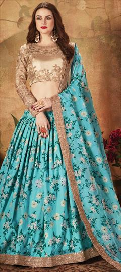 Festive, Reception Blue color Lehenga in Organza Silk fabric with A Line Digital Print, Embroidered, Floral, Sequence, Thread, Zari work : 1674899