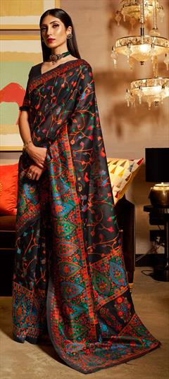 Traditional Black and Grey color Saree in Kashmiri Silk, Silk fabric with South Weaving work : 1674971