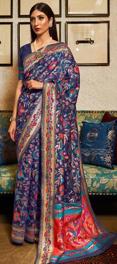 Traditional Blue color Saree in Kashmiri Silk, Silk fabric with South Weaving work : 1674972
