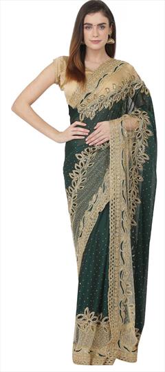 Festive, Reception Green color Saree in Georgette fabric with Classic Cut Dana, Resham, Thread, Zircon work : 1675122