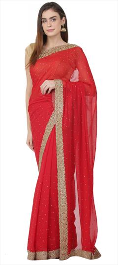 Designer, Festive, Reception Red and Maroon color Saree in Georgette fabric with Classic Cut Dana, Resham, Thread, Zircon work : 1675138