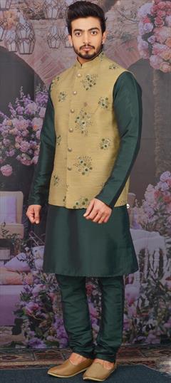 Gold, Green color Kurta Pyjama with Jacket in Art Silk fabric with Embroidered, Sequence, Thread work : 1676685