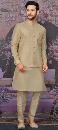 Beige and Brown color Kurta Pyjama with Jacket in Art Silk fabric with Embroidered, Sequence, Thread work : 1676691