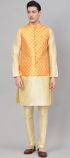Beige and Brown, Yellow color Kurta Pyjama with Jacket in Dupion Silk fabric with Straight Broches, Weaving work : 1676723