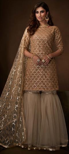 Engagement, Festive Beige and Brown color Salwar Kameez in Net fabric with Sharara Embroidered, Sequence, Thread, Zari work : 1676796