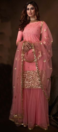 Engagement, Festive Pink and Majenta color Salwar Kameez in Net fabric with Sharara Embroidered, Sequence, Thread, Zari work : 1676797