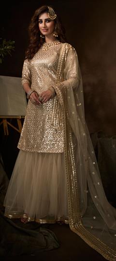 Eid, Engagement, Festive Beige and Brown color Salwar Kameez in Net fabric with Sharara Embroidered, Sequence, Thread, Zari work : 1676799